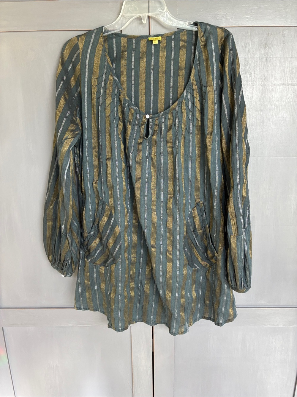 Echo Striped Metallic Gold and Gray Swim Coverup worn once hung to dry
